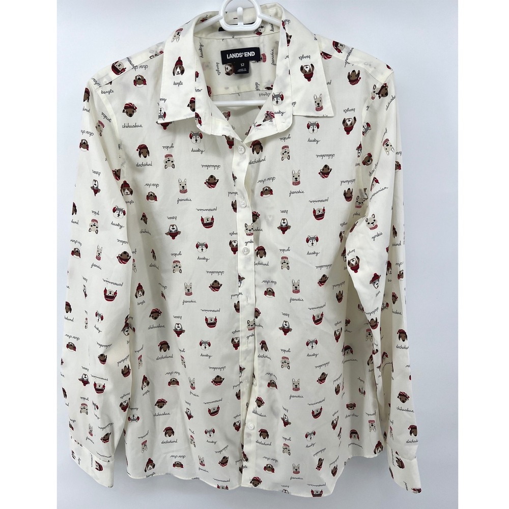 Lands' End Women's 12 Winter Dog Button Down Shirt Cream Supima Cotton No Iron